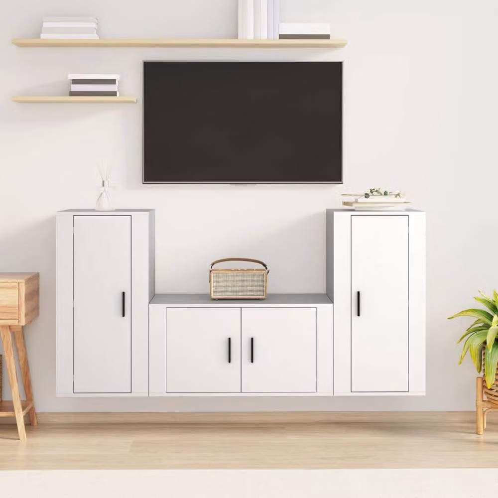 Berkfield Home Classic 3 Piece White Lowboard TV Cabinet Set with Hinged Doors and Internal Shelves – 2