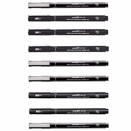 Uni PIN Fine Line Drawing Pens with Black Ink, Set of 9