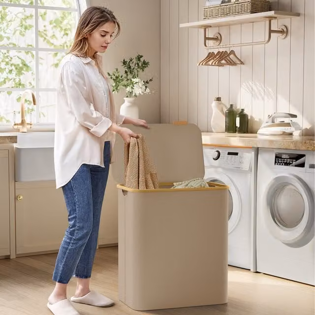 SONGMICS 3-Section Fabric Laundry Basket with Lid and Removable Bags, Brown, W/D/H: 38.5 x 70.5 x 60 cm
