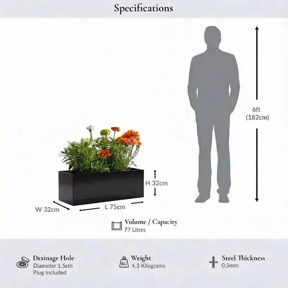 Access Garden Products Galvanised Steel Trough Planter in Black, W: 75 cm, D: 32 cm, H: 32 cm – 10