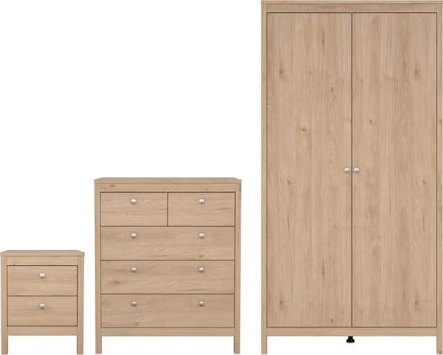 Furniture To Go Madrid Bedroom Furniture Set in Jackson Hickory Oak featuring 2-Drawer Bedside Table, 5-Drawer Chest and 2-Door Wardrobe