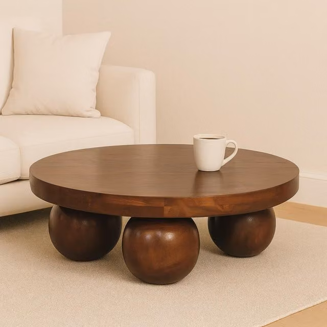 Aosom UK Solid Mango Wood Centre Table with Sculptural Ball Base, Brown, W/D/H: 80 x 80 x 23 cm