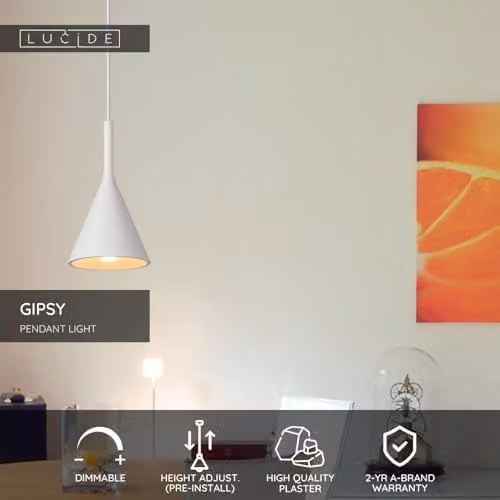 Lucide Gipsy Dimmable Adjustable Plaster Dome Pendant Light, White, Diameter: 16.5 cm – 2