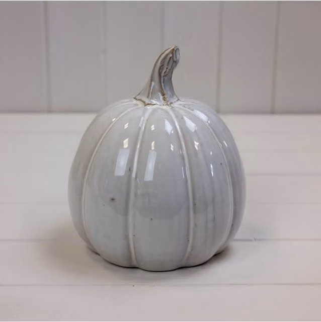 KDMD White Glazed Ceramic Pumpkin in Light Grey for Autumn and Halloween Tabletop Decor
