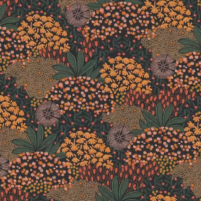 AS Creation Nara Floral Bush Wallpaper in Orange, Black and Green