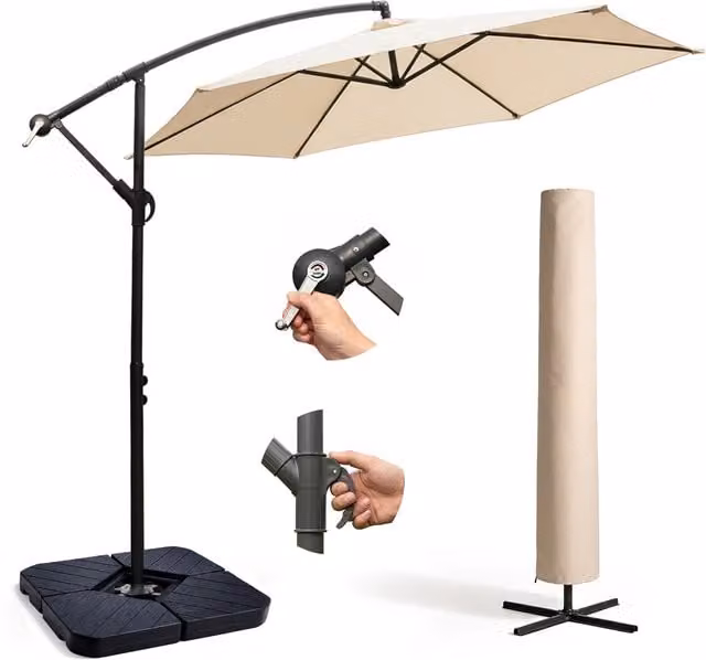 Keplin Cantilever Garden Parasol with Cover and 4pc Fillable Base Set in Beige