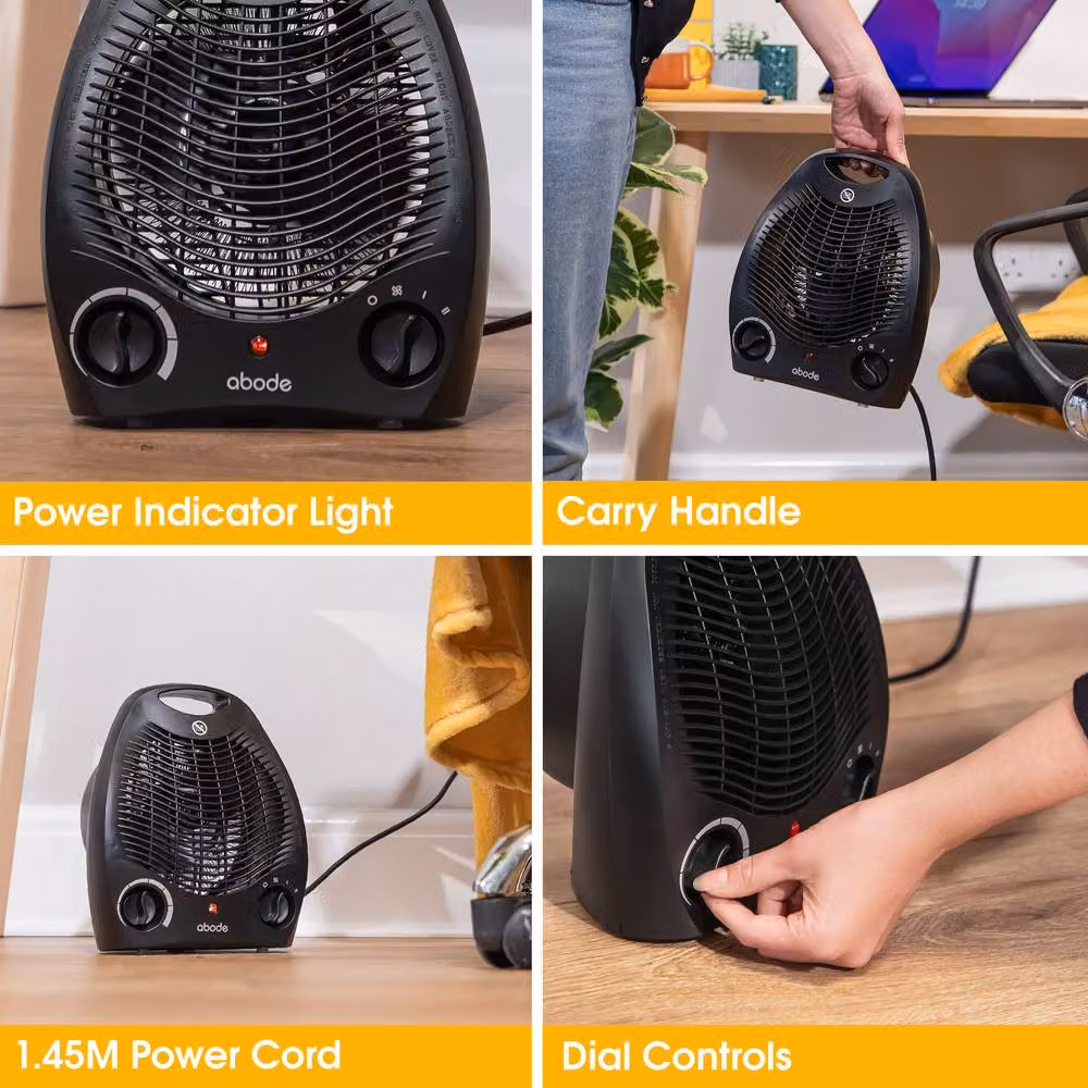 Abode 2000W Electric Fan Heater with Two Heat Settings and Thermostat in Black – 9