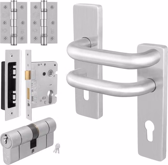 AFIT Satin Steel Lever Backplate with Euro Lock Double Cylinder Hinges in Silver, 150 x 150 mm