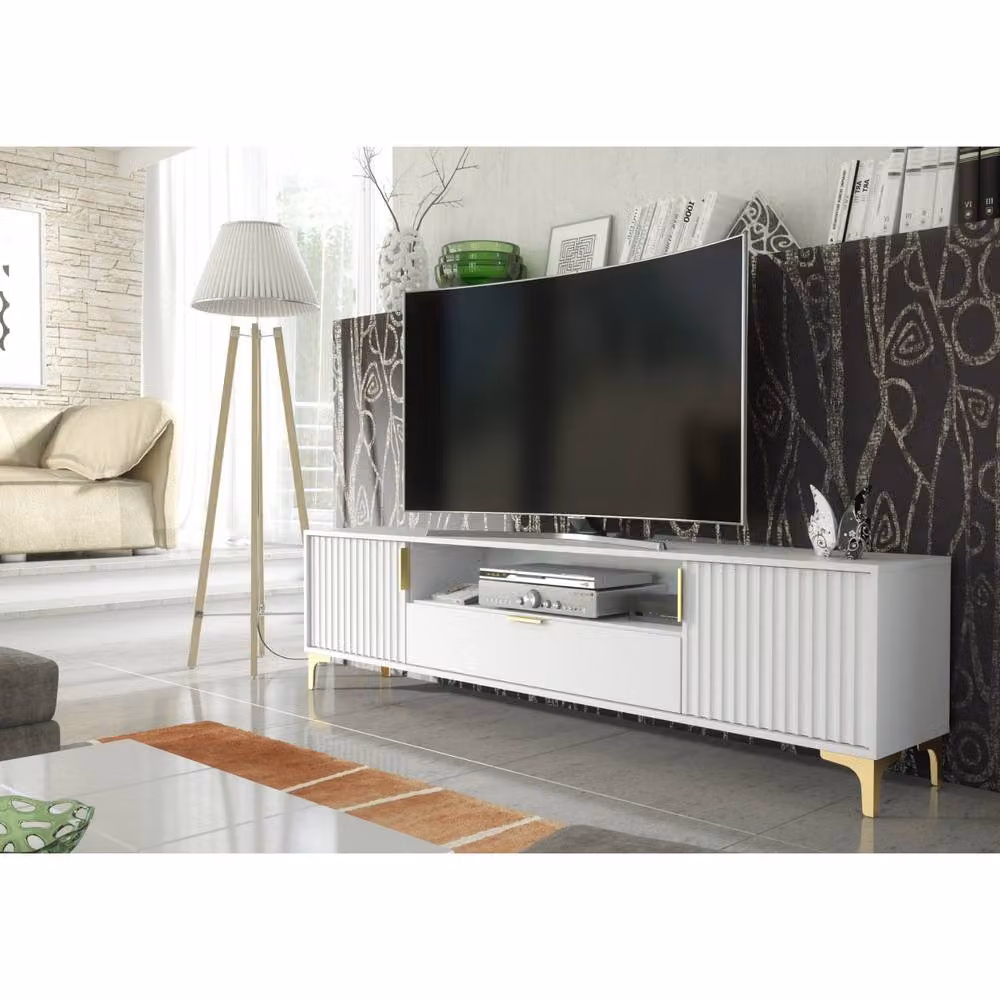 Mex Furniture LTD Tide Crest Modern TV Unit in White and Gold, W: 200 cm, D: 35 cm, H: 50 cm – 2