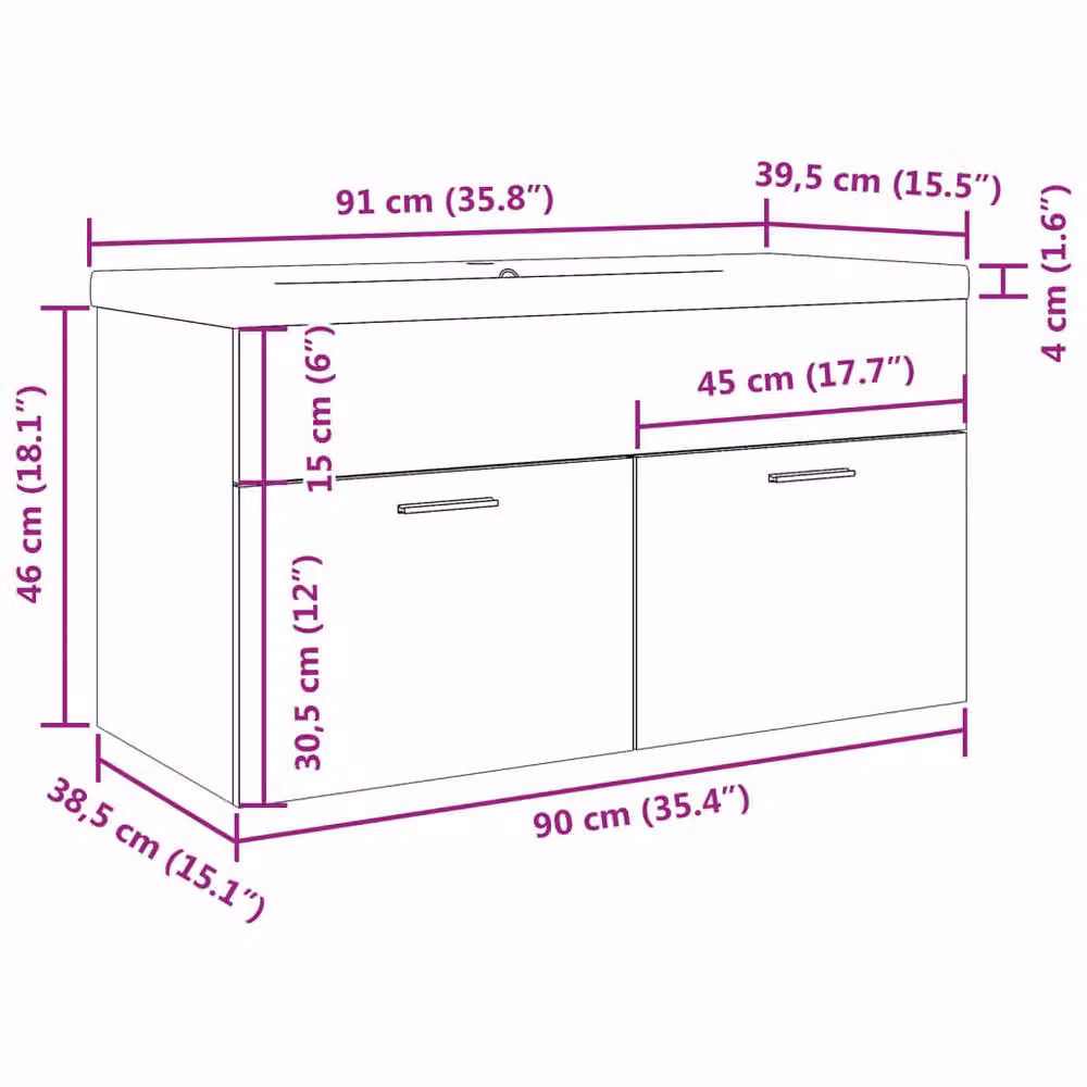 Berkfield Home Stylish Bathroom Sink Cabinet with Built-in Basin in Brown Old Wood, W/D/H: 46.0 x 38.5 x 90.0 cm – 4