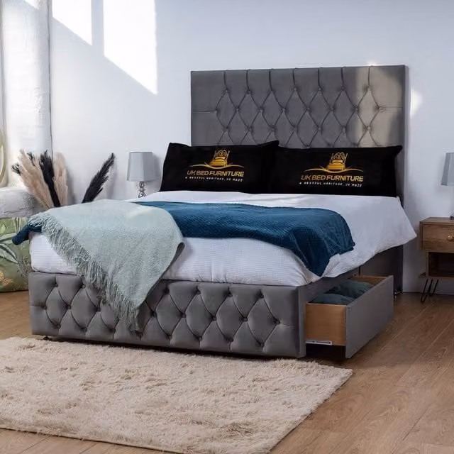 UK Bed Furniture Monaco Double Divan Bed with 2 Drawers and Upholstered Velvet Headboard in Anthracite Grey, W/D/H: 140 x 200 cm