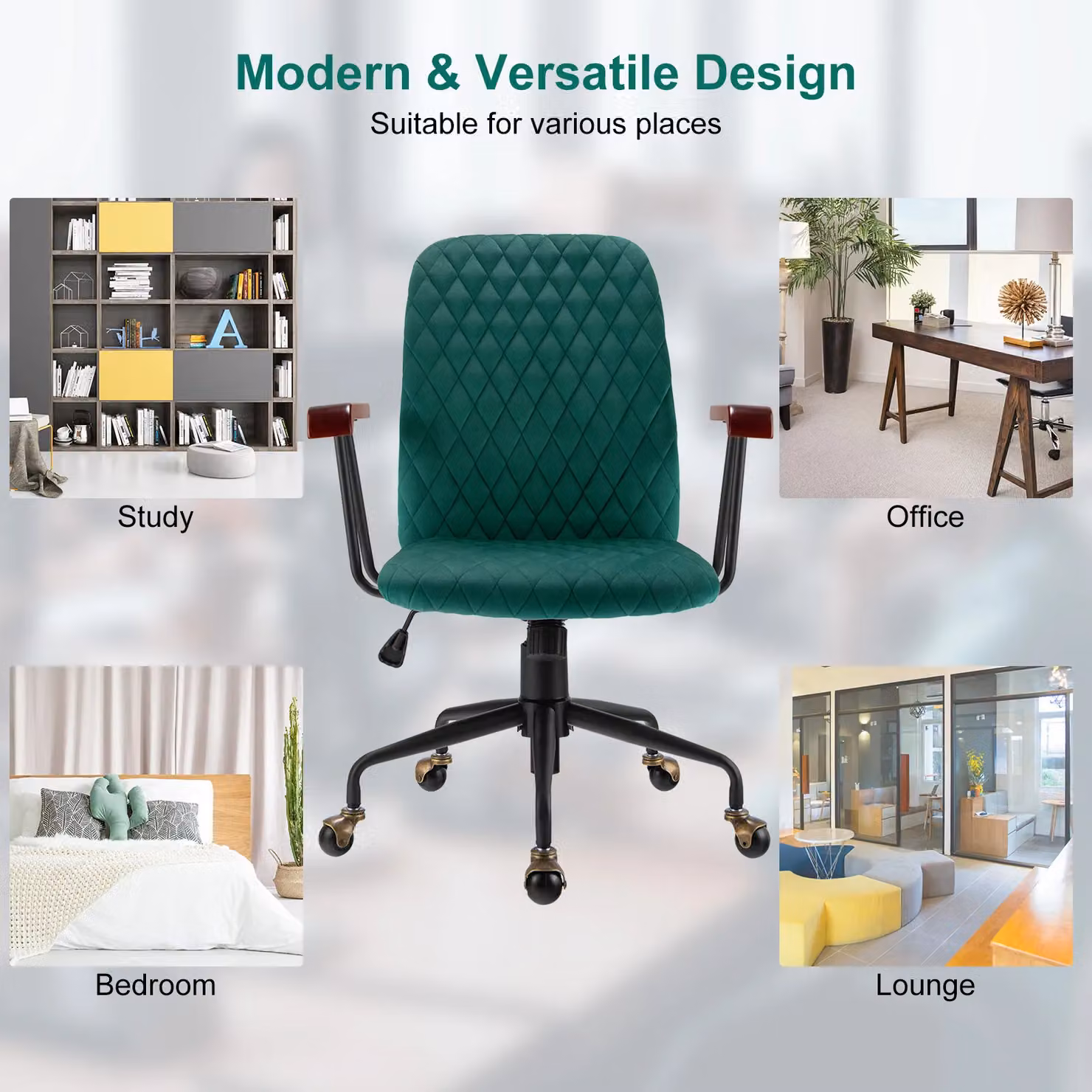 Costway Green Velvet Swivel Task Chair with Adjustable Height and Castors for Home Office – 5