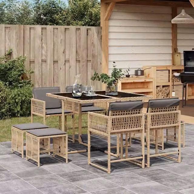 Berkfield Home 9 Piece Poly Rattan Garden Dining Set with Beige Cushions