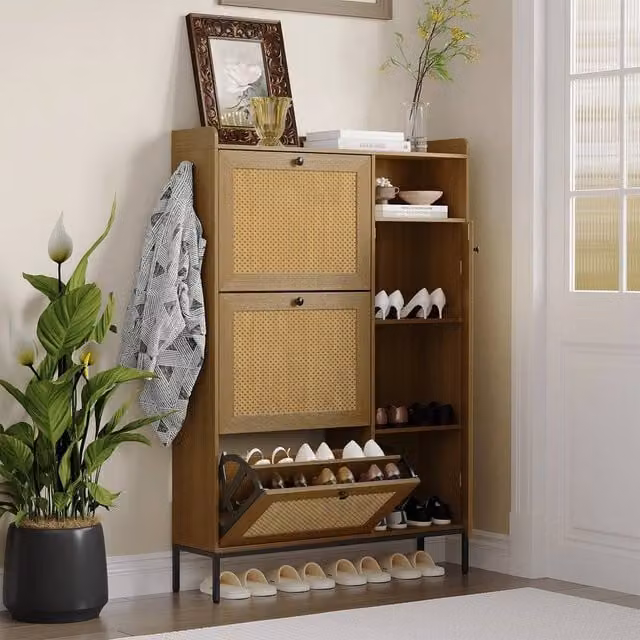 VOGREX Brown Rattan Shoe Storage Cabinet with 3 Tilting Drawers and 1 Hinged Door