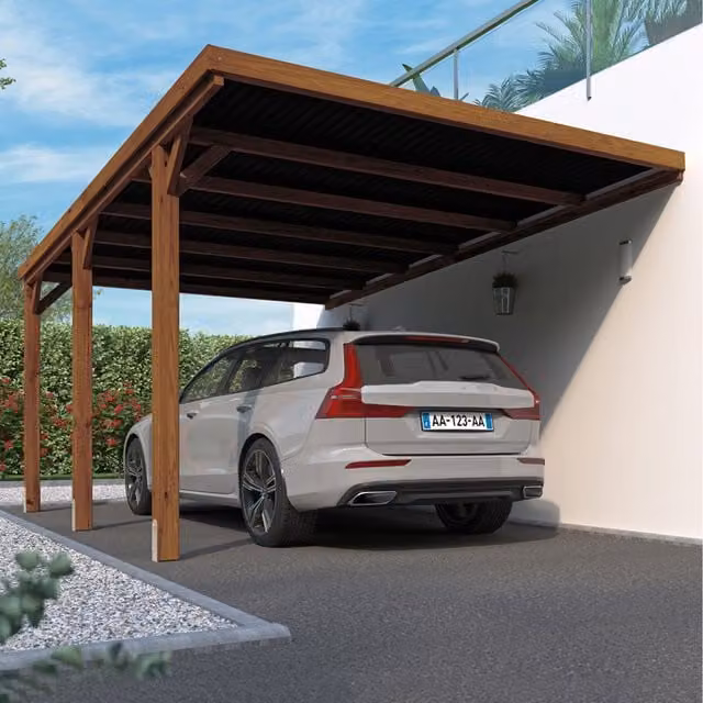 Cerland Brown Wooden Lean-to Pent Carport with Polycarbonate Roof and Wall-Mounted Design