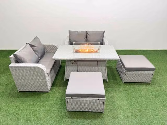 Fimous 6 Seater Rattan Garden Furniture Set with Firepit Dining Table and 2 Footstools in Light Grey