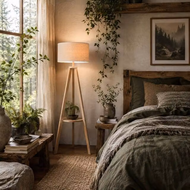 Wyld Haus Laravi Natural Wood Tripod Floor Lamp with Beige Fabric Shade and Shelf, Height: 154 cm – 1