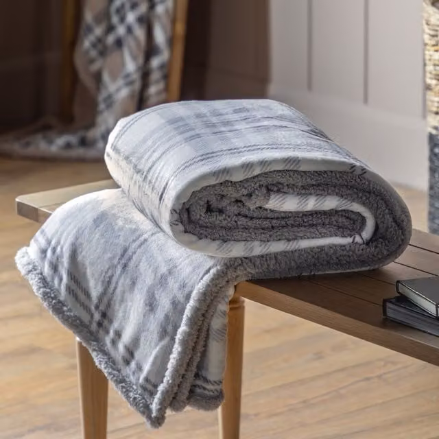 Terrys Grey Checked Reversible Double Face Fleece Sherpa Throw W/D/H: 152 x 177 cm