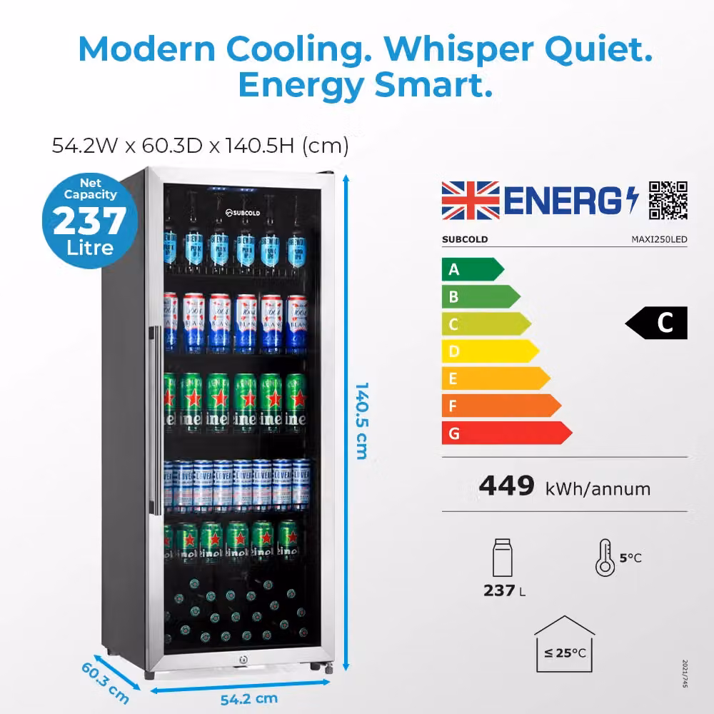 Subcold MAXI250LED Upright Drinks Fridge with Stainless Steel Glass Door, 237L Capacity, Lockable and LED Interior Light, Silver – 8