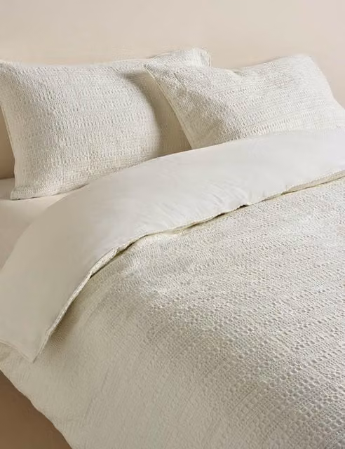M&S Pure Cotton Quilted Waffle Bedding Set with Duvet Cover and Pillowcase, Beige and White, W: 180 cm, L: 200 cm