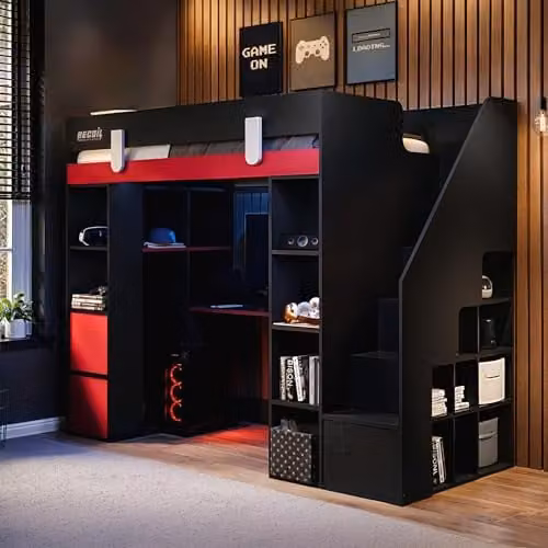 Flair Furnishings Blaze Single Staircase Gaming High Sleeper Bed with Storage and Side Compartments, Black and Red