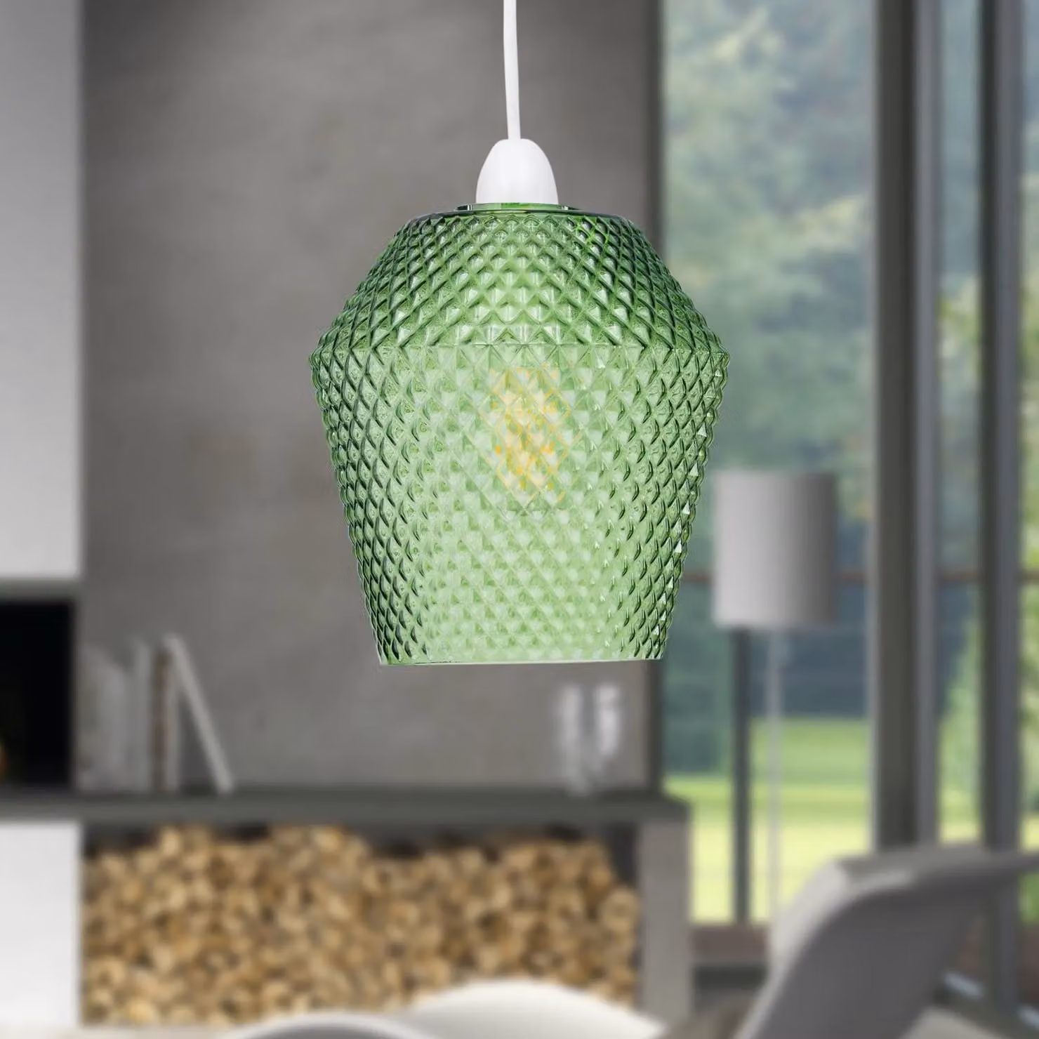 First Choice Lighting Porter Set of 2 Green Textured Glass Easy Fit Pendant Shades – 3