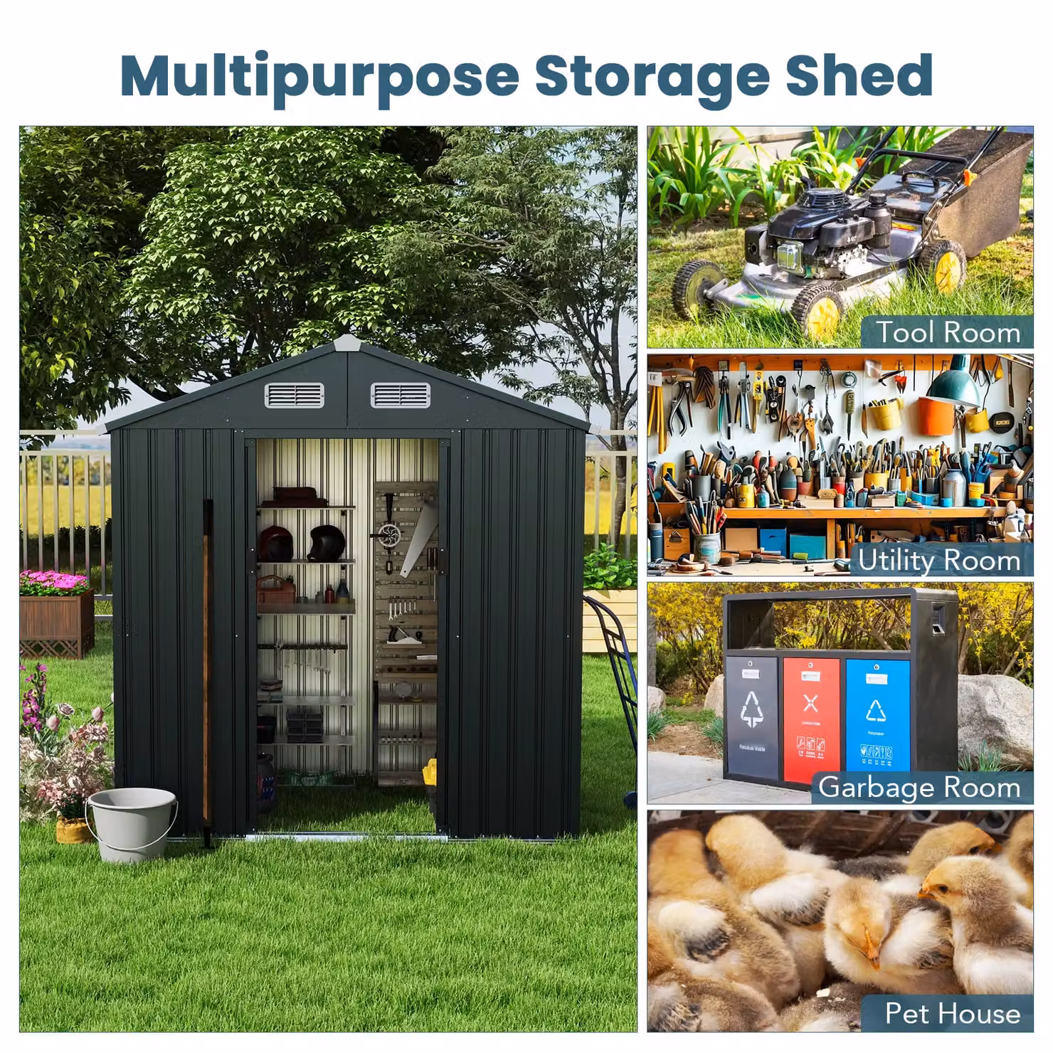 Gymax Pent Garden Shed in Grey, Galvanised Steel with Sliding Doors and Side Vent, W/D/H: 129 x 193 x 197 cm – 2