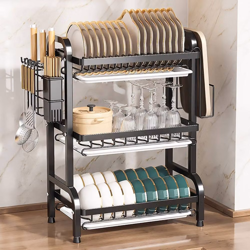 Ventryn 3 Tier Large Dish Drainer Rack with Cutlery Holder and Drip Tray, Black – 3