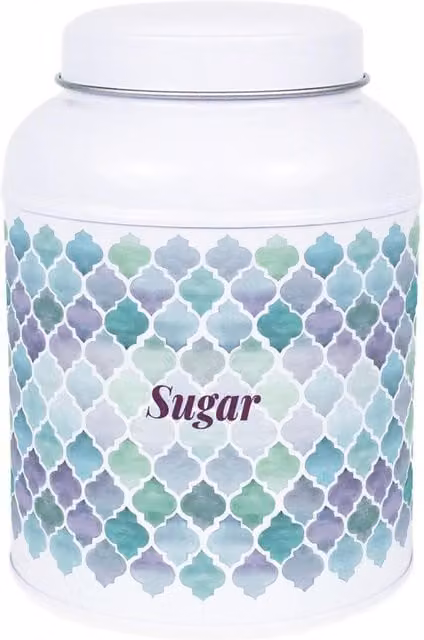 Purely Home Arabesque Tile Coffee Canister with Small Domed Lid, White and Multicolour Metal Kitchen Storage Tin