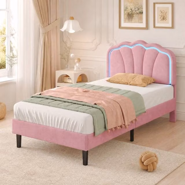STILVORA Pink Velvet Single Upholstered Bed Frame with RGB LED Shell Headboard, W: 90 cm, L: 190 cm