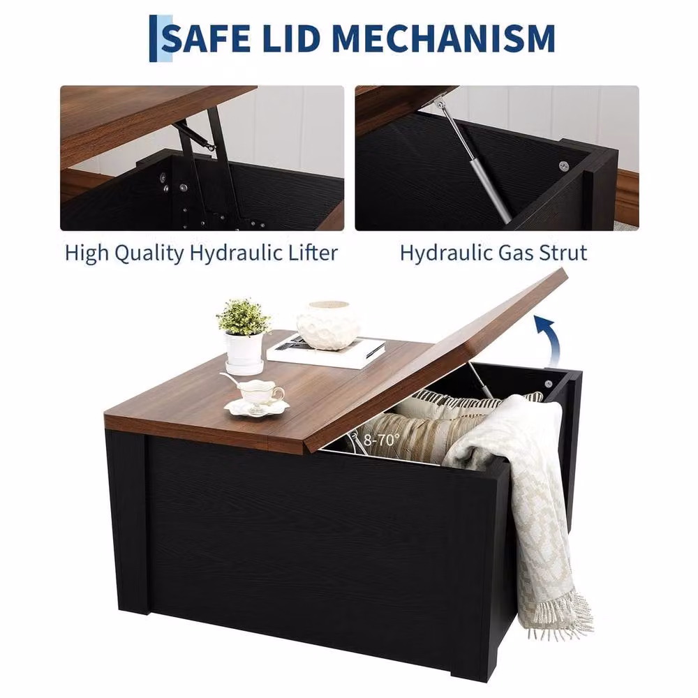 Havendro Black Modern Wooden Coffee Table with Lift Top Storage and Walnut Finish, Width: 80 cm – 4
