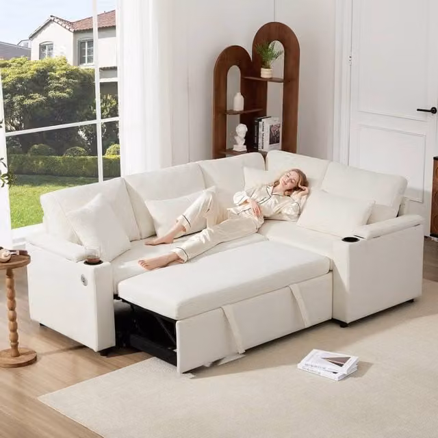 ModernLuxe L-Shape Extendable Sofa Bed with Pull Out Bed, Storage and Cup Holders in Beige – 1