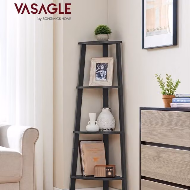 VASAGLE 4-Tier Black Corner Shelf Unit, W/D/H: 34 x 34 x 125 cm