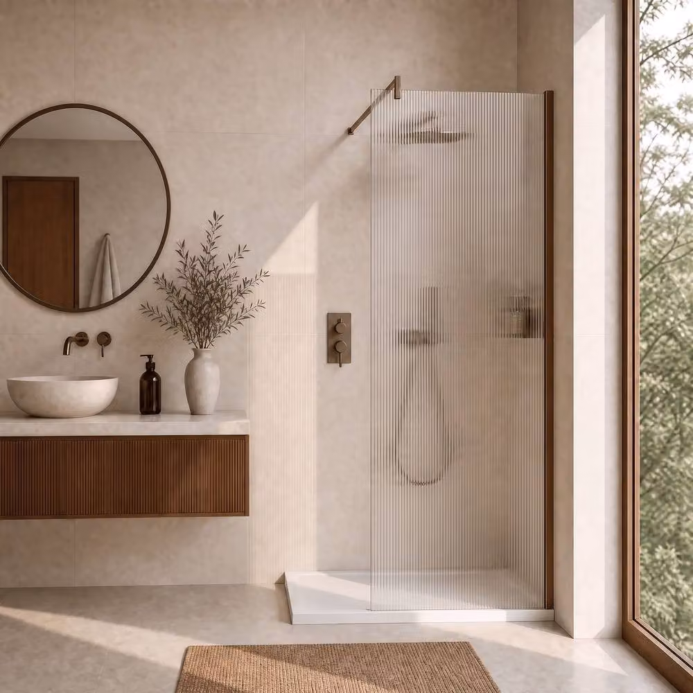 Balterley Frameless Fluted Walk-in Wetroom Screen, Brushed Bronze and Brown, W: 80 cm, H: 185 cm, D: 8 cm – 2
