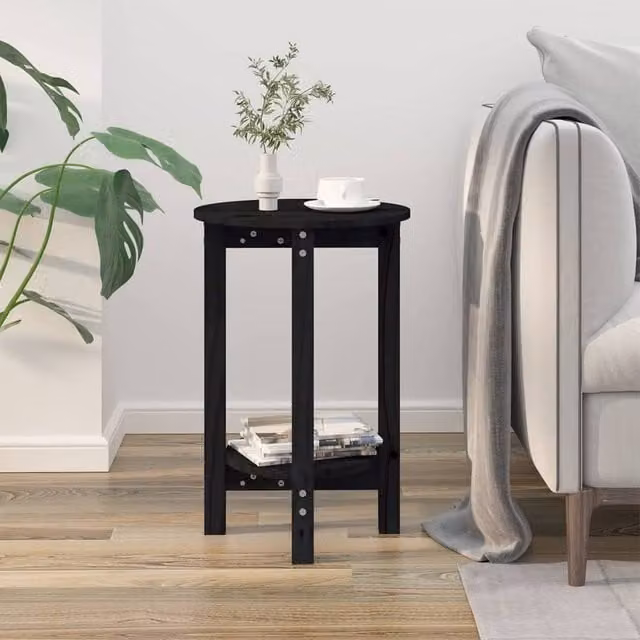 Berkfield Home Beautiful Round Solid Wood Pine Coffee Table, Black, W/D/H: 40 x 40 x 60 cm