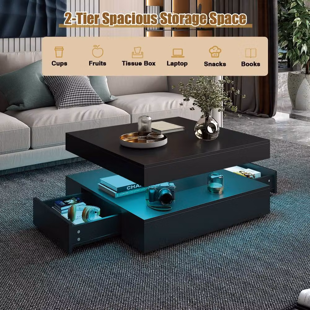 KEEPREAPER Modern LED Coffee Table with 2 Storage Drawers in Black – 5