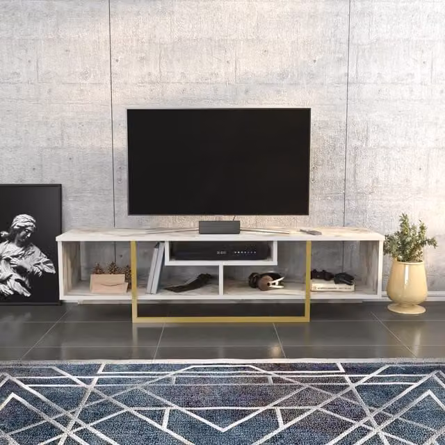 Asal TV Unit in White Marble Effect and Gold
