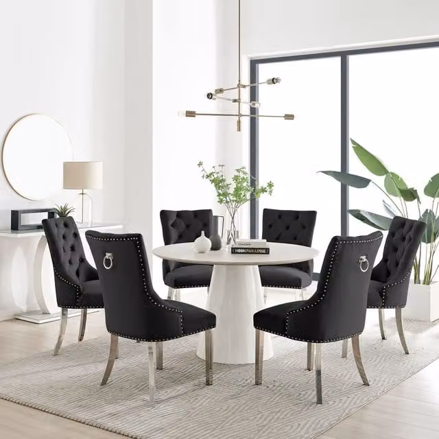 Furniturebox Palma Beige Stone Effect Round Dining Table and 6 Belgravia Black Chairs