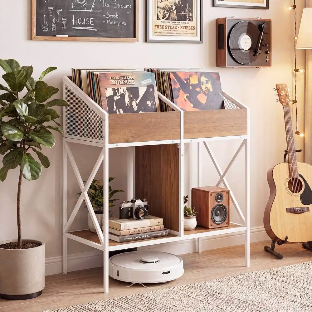 Costway 2-Tier Vinyl Record Storage Rack with 4 Media Compartments and Metal Frame in Natural and White – 2