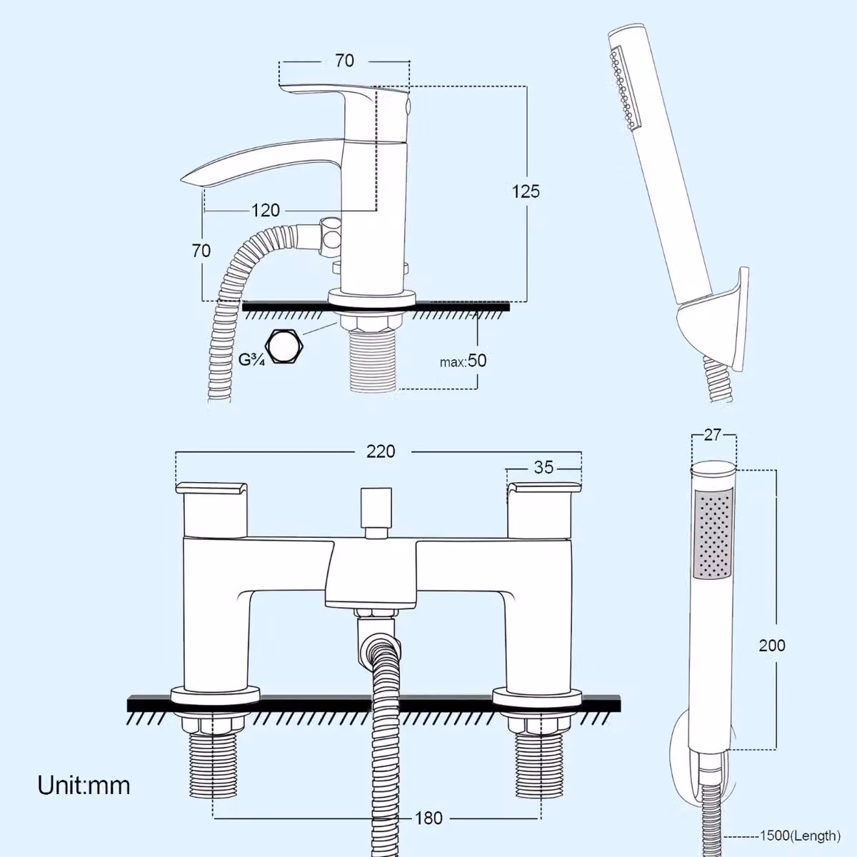 Nes Home Chrome Waterfall Basin Mono Tap, Bath Shower Mixer Tap and Waste Set in Silver