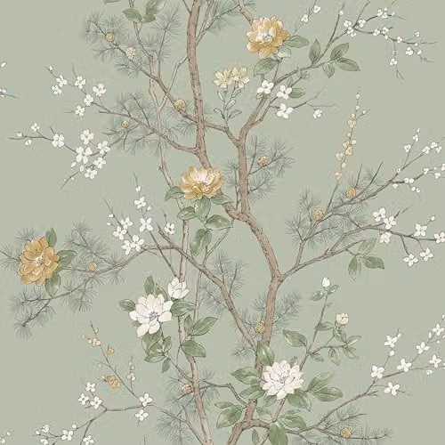Belgravia Decor Bridget Delicate Floral Oriental Themed Matte Finish Wallpaper in Sage Green