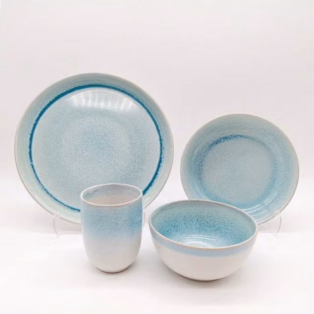 Glim & Glam 16 Piece Turquoise Reactive Blue Glaze Stoneware Dinner Set