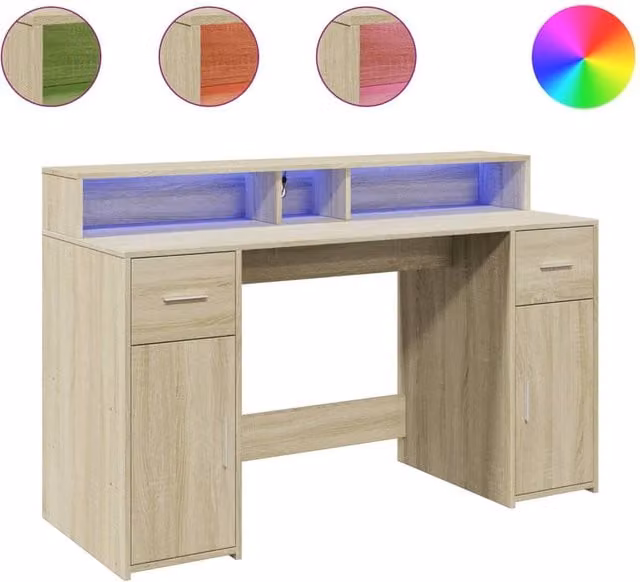Berkfield Gaming Desk with LED Lights in Sonoma Oak and Brown, W/D/H: 140 x 55 x 91 cm – 1