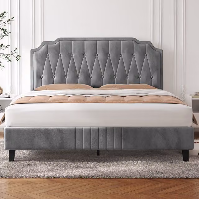 Yaheetech Art Deco Upholstered Bed Frame in Grey Microfibre, W/D/H: 180 x 200 cm