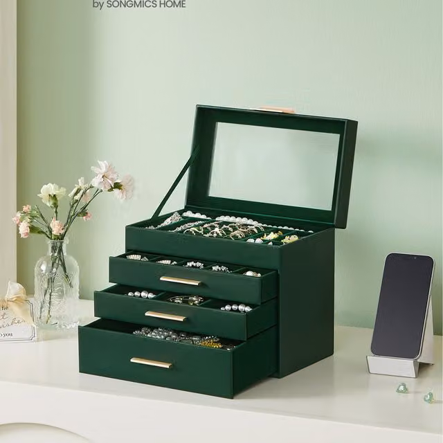 SONGMICS 4-Tier Jewellery Box Organiser with Glass Lid, Green