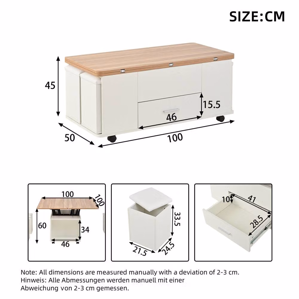 Rolipo Convertible Lift Top Coffee Table with Stools and Hidden Storage in White – 2