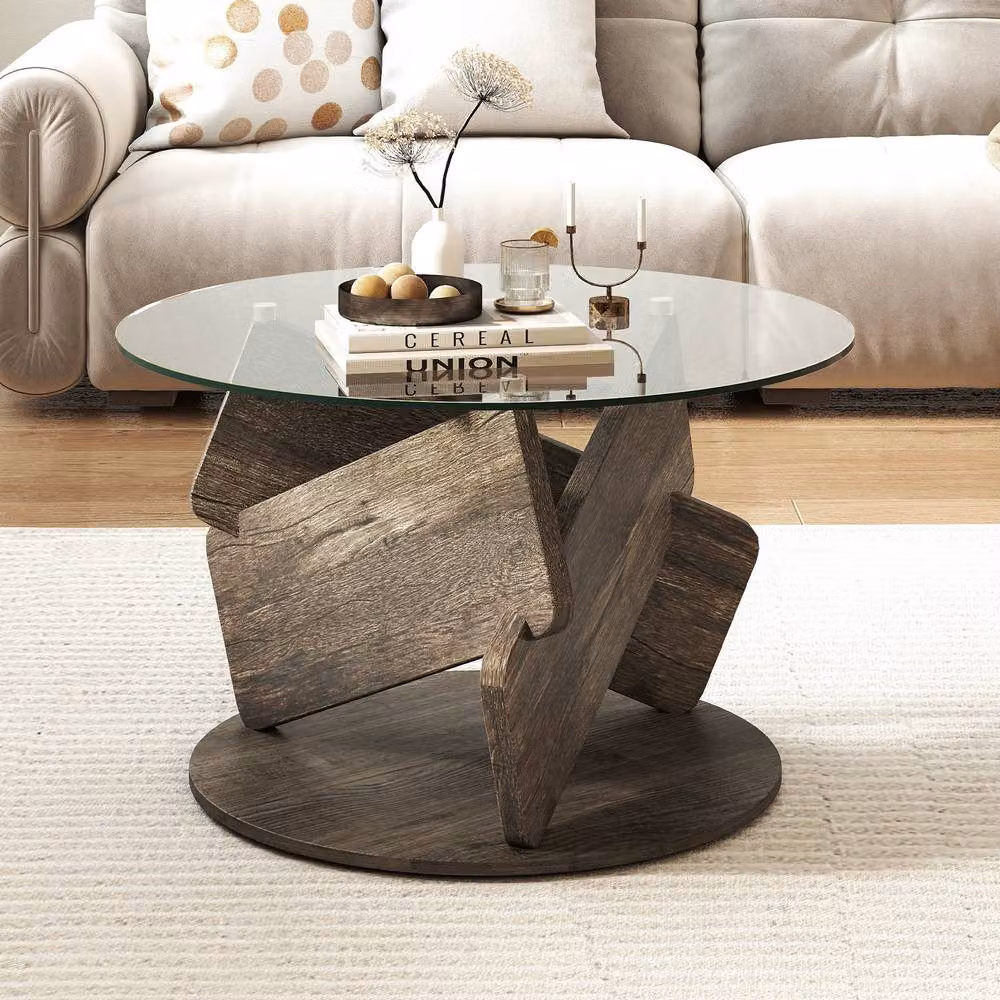 Gymax Round Rustic Glass and Rubberwood Coffee Table in Grey – 2