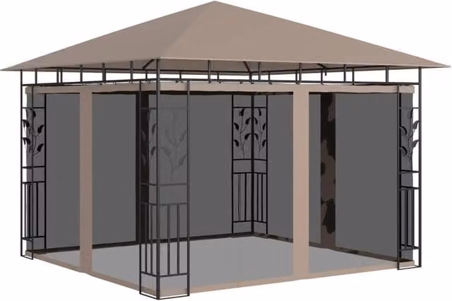 Berkfield Home Gazebo with Mosquito Net and LED String Lights, Beige, W: 300 cm, D: 300 cm, H: 273 cm