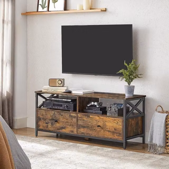 The Bazaarist Industrial TV Stand with 2 Drawers and Open Shelving in Rustic Brown and Black, W/D/H: 120 x 40 x 50 cm