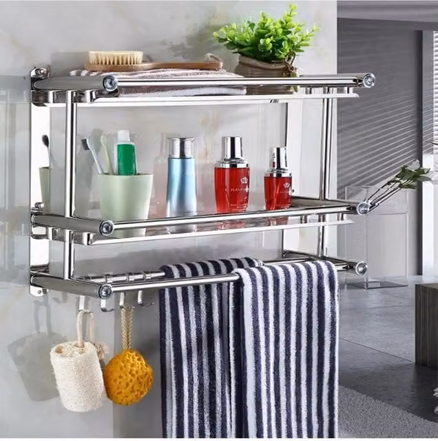Living and Home 2-Tier Wall Mounted Stainless Steel Bathroom Shelf with Towel Bars in Silver
